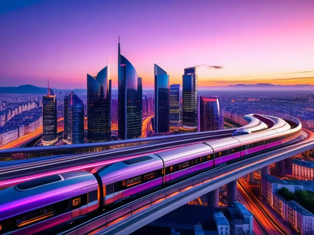 Metrópolis futurista al atardecer: Omega 3 en Europa posBrexit Vibrante skyline futurista de una ciudad europea al atardecer, con arquitectura moderna e innovadora, iluminados rascacielos y redes de transporte