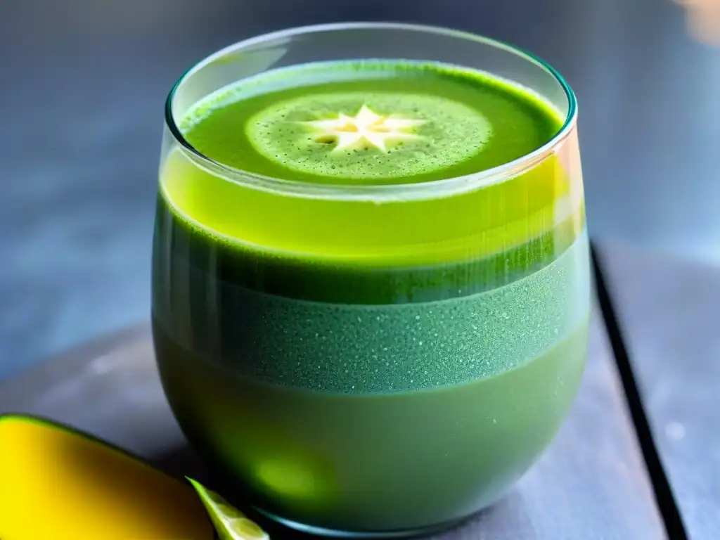Deliciosa y vibrante bebida verde con superalimentos Un vibrante smoothie verde en vaso claro con kale, espinacas, aguacate y espirulina