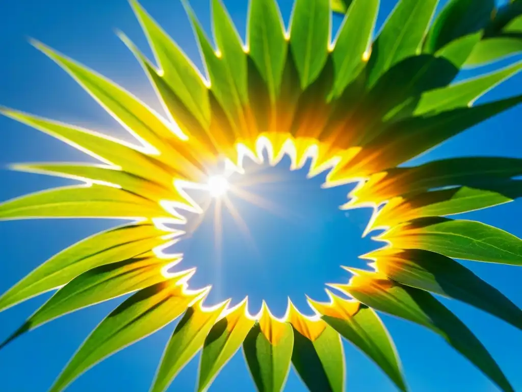 Vibrante sunburst rodeado de hojas verdes, gotas de agua y cielo azul, evocando vitalidad y beneficios vitamina D sistema inmune