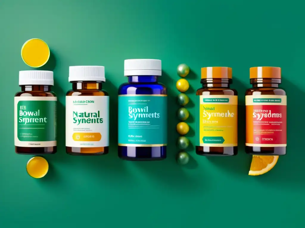 Suplementos naturales para el síndrome de intestino irritable: colores vibrantes y bienestar en envases atractivos Vibrante surtido de suplementos naturales para síndrome de intestino irritable en un elegante mostrador, con etiquetas de ingredientes naturales y empaque llamativo