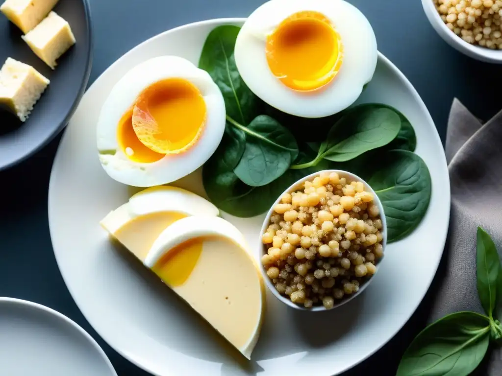 Plato vibrante con alimentos ricos en aminoácidos esenciales Vibrante variedad de alimentos ricos en aminoácidos esenciales que aportan beneficios para la concentración y energía mental