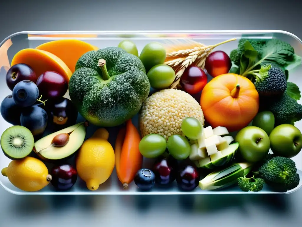 Exquisita variedad de fibra soluble en vidrio transparente Vibrante vaso de frutas, verduras y granos enteros, capturando la esencia del análisis científico de suplementos fibra soluble