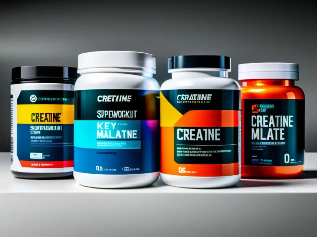 Suplementos Pre-Entrenamiento de Alto Impacto Vibrantes envases de suplementos con ingredientes clave preentrenamiento deportivo, sobre un moderno y limpio mostrador