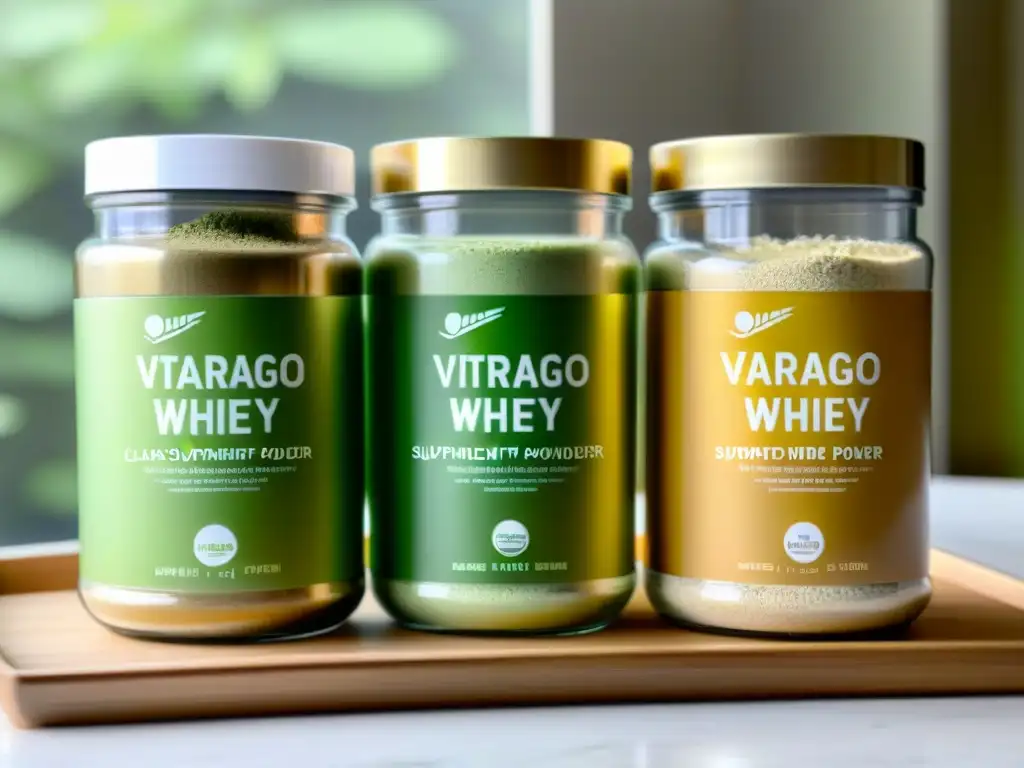 Suplementos en polvo: Vitargo, proteína y matcha Vibrantes suplementos en frascos de vidrio: polvo de Vitargo blanco, proteína de suero dorada y matcha verde
