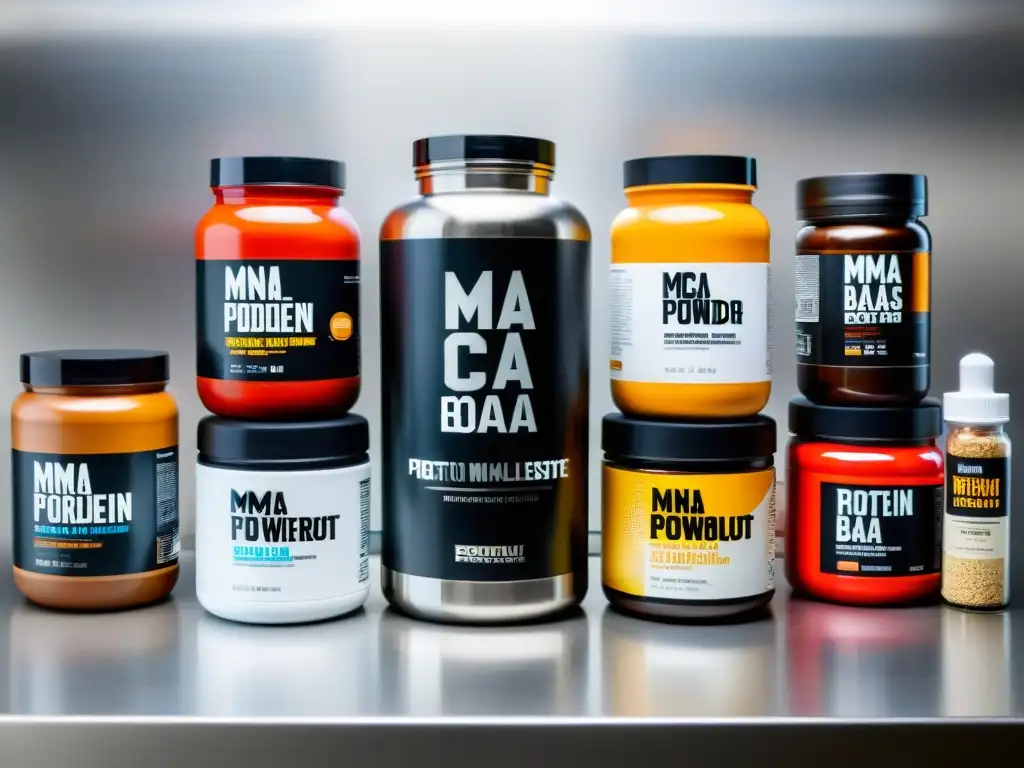 Vista aérea de una cocina moderna con suplementos para rendimiento deportivo MMA en envases ordenados sobre un elegante mostrador de acero inoxidable