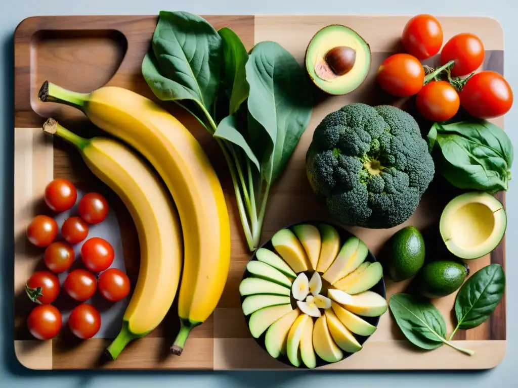 Deliciosa variedad de frutas y verduras en alta resolución Vista cercana de frutas y verduras coloridas sobre una tabla de cortar