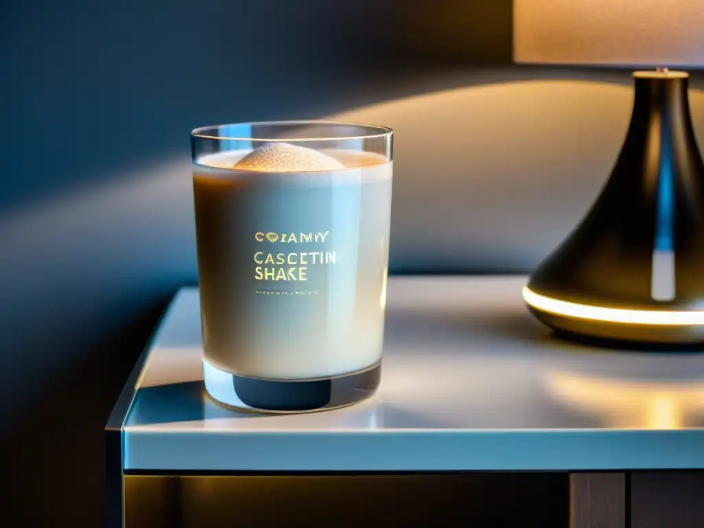 Bebida proteica nocturna para relajación Vista cercana de un vaso de batido de proteína micelar caseína en una mesa de noche moderna, evocando calma y nutrición nocturna