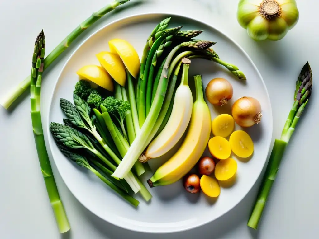 Alimentos Prebióticos: Colores y Texturas Vibrantes Vista detallada de alimentos prebióticos coloridos como plátanos, cebollas, ajo, puerros y espárragos en una elegante bandeja blanca