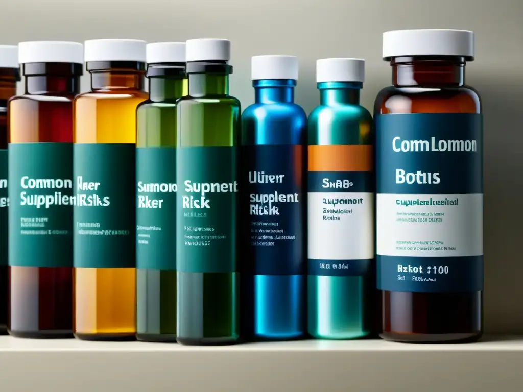 Suplementos para el hígado: Detalles ultrarrealistas Vista detallada de botellas de suplementos en un elegante mostrador, con etiquetas legibles y efectos de iluminación dramáticos
