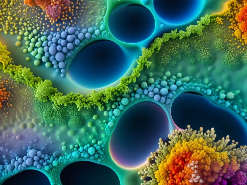 Antioxidantes y antiinflamatorios: paisaje celular vibrante Una vista detallada y colorida de aminoácidos esenciales contra estrés oxidativo en un paisaje celular vibrante y complejo