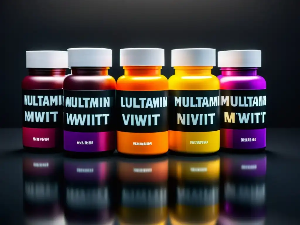 Suplementos multivitamínicos para atletas: detalle y modernidad Vista detallada de multivitamínicos deportivos en elegante presentación sobre fondo negro mate