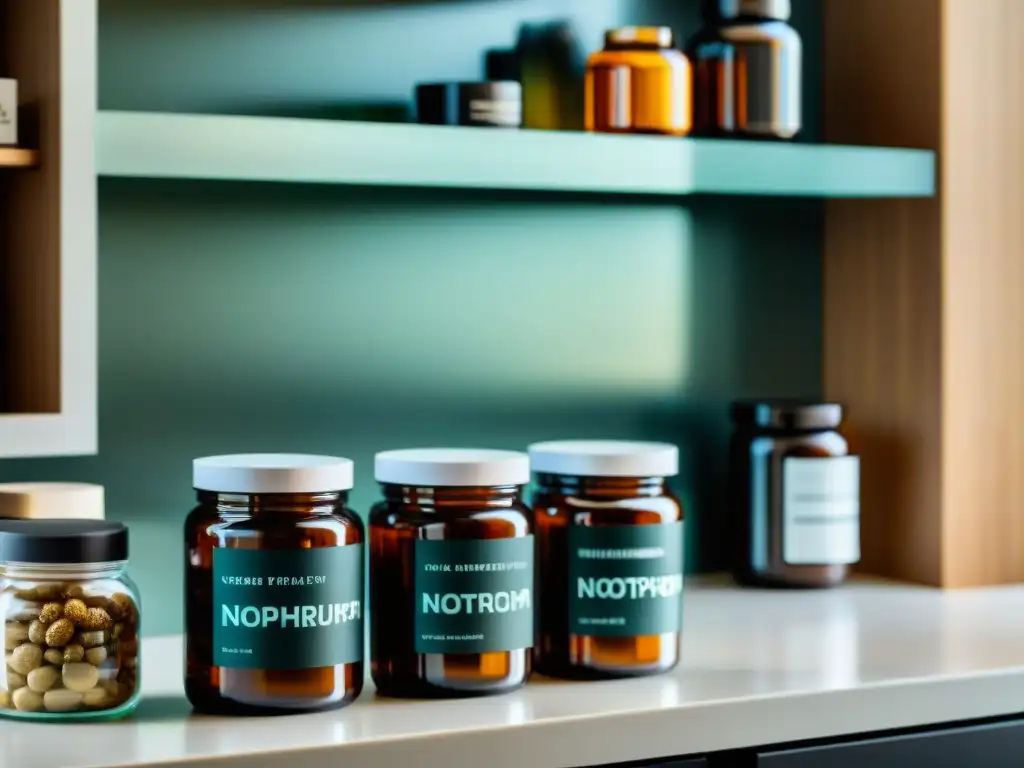 Nootrópicos de élite en cocina moderna Vista detallada de una elegante encimera de cocina con suplementos nootrópicos de élite en frascos de vidrio, bañados por una cálida luz natural
