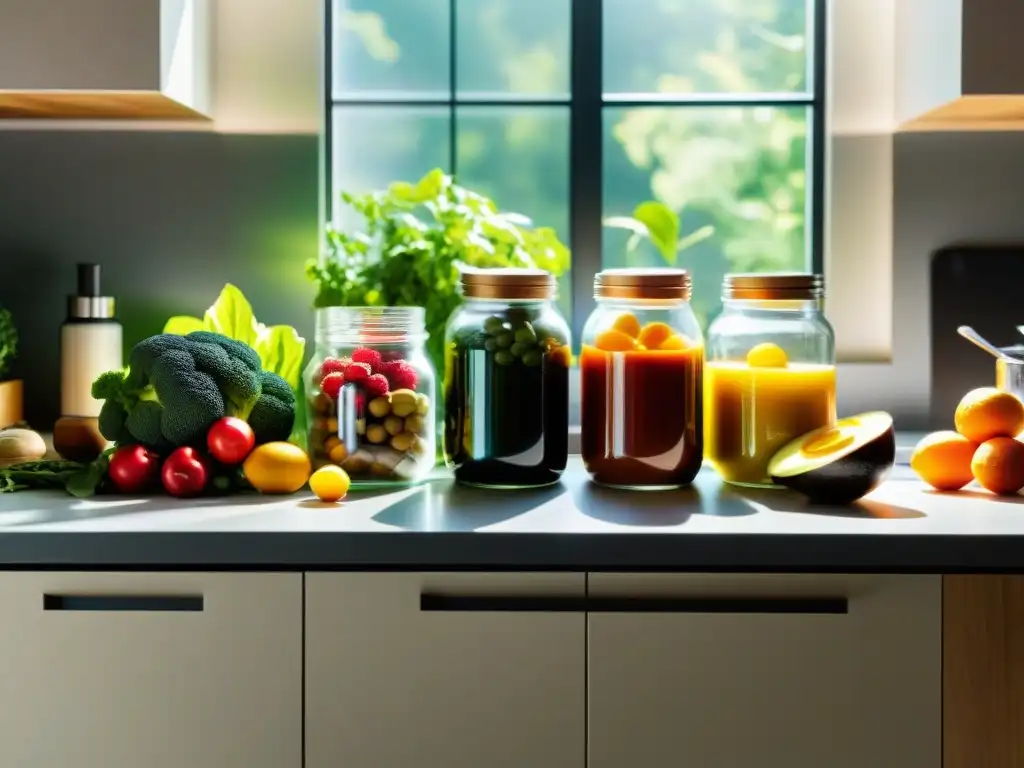 Cocina de lujo con alimentos y suplementos naturales Vista detallada de una encimera de cocina moderna con frutas, verduras, nootrópicos de élite para dieta y luz cálida entrando por la ventana