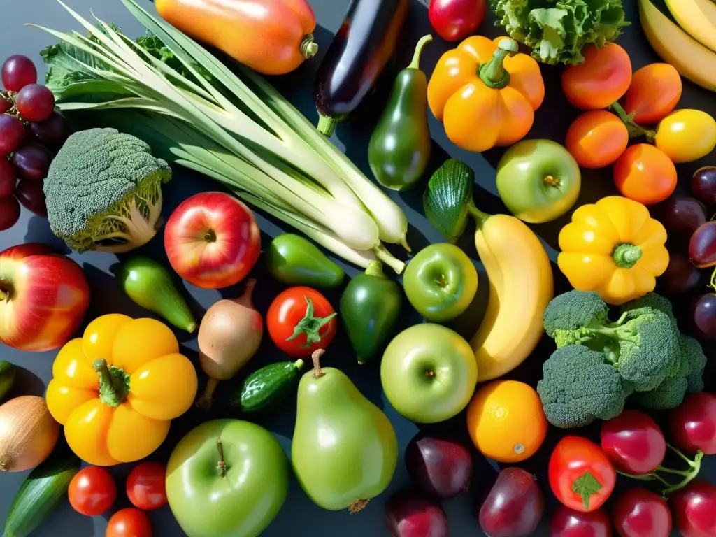 Exquisita variedad de frutas y verduras frescas Vista detallada de frutas y verduras coloridas, frescas y apetitosas, iluminadas por el sol