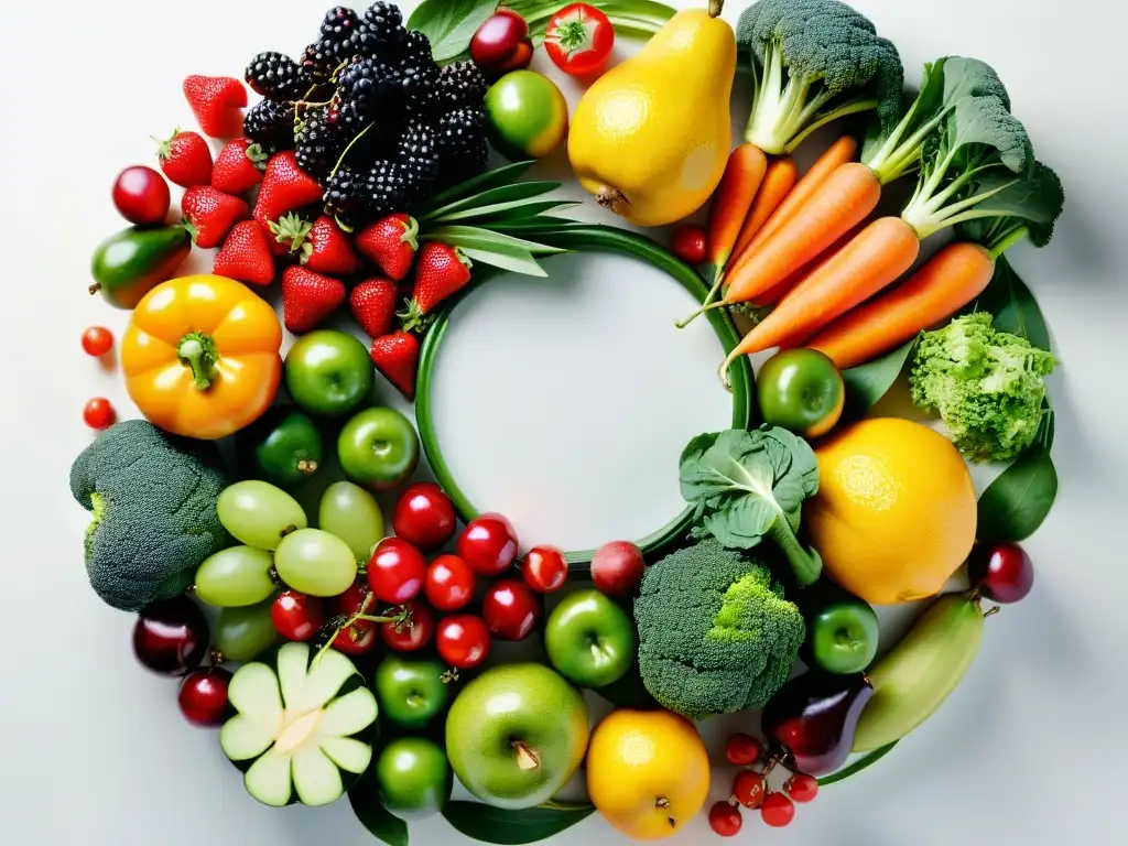 Arcoíris de Frutas y Verduras para Fortalecer Huesos Vista detallada de frutas y verduras coloridas en un patrón circular sobre una encimera blanca moderna