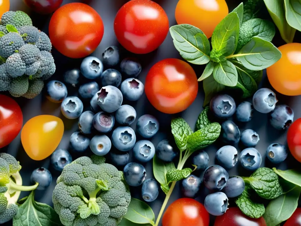 Exquisita selección de frutas y verduras antioxidantes Vista detallada de frutas y verduras antioxidantes, resaltando sus colores y texturas