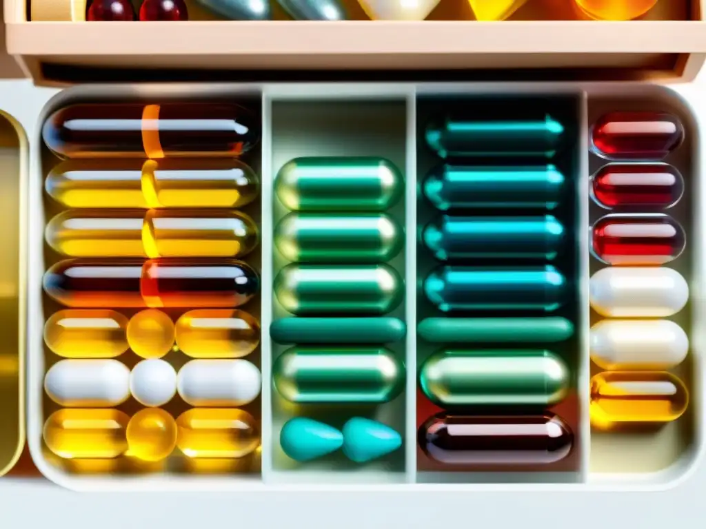 Suplementos para el corazón: selección cuidadosa Vista detallada de suplementos cardiosaludables en organizador transparente, reflejando luz y bienestar antiedad