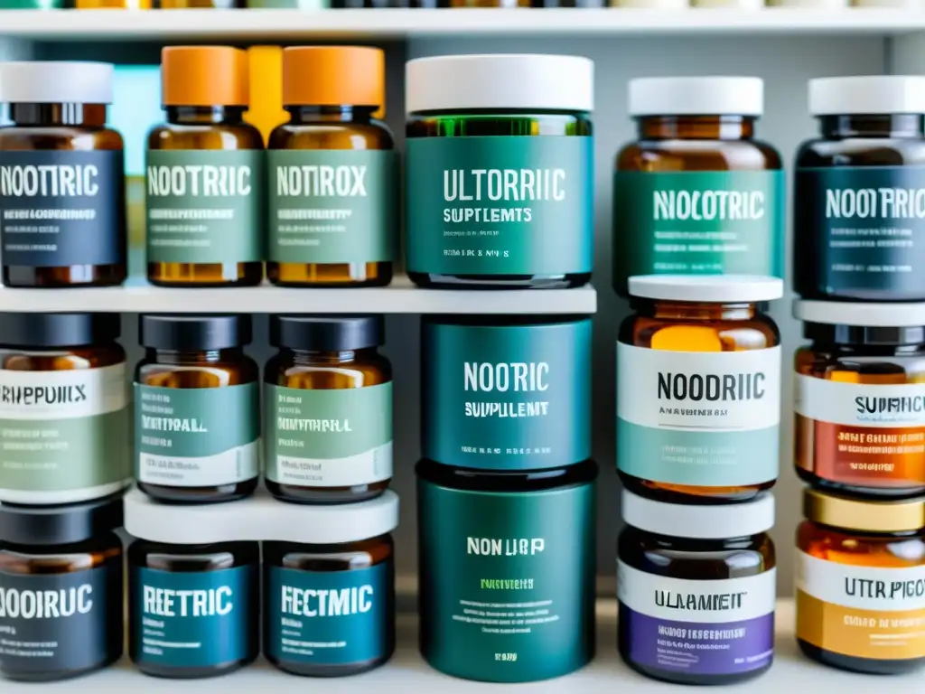 Nootrópicos: Ciencia y Belleza Vista detallada de suplementos nootrópicos para potenciar cerebro en moderna presentación y luz natural, mostrando su ciencia y belleza