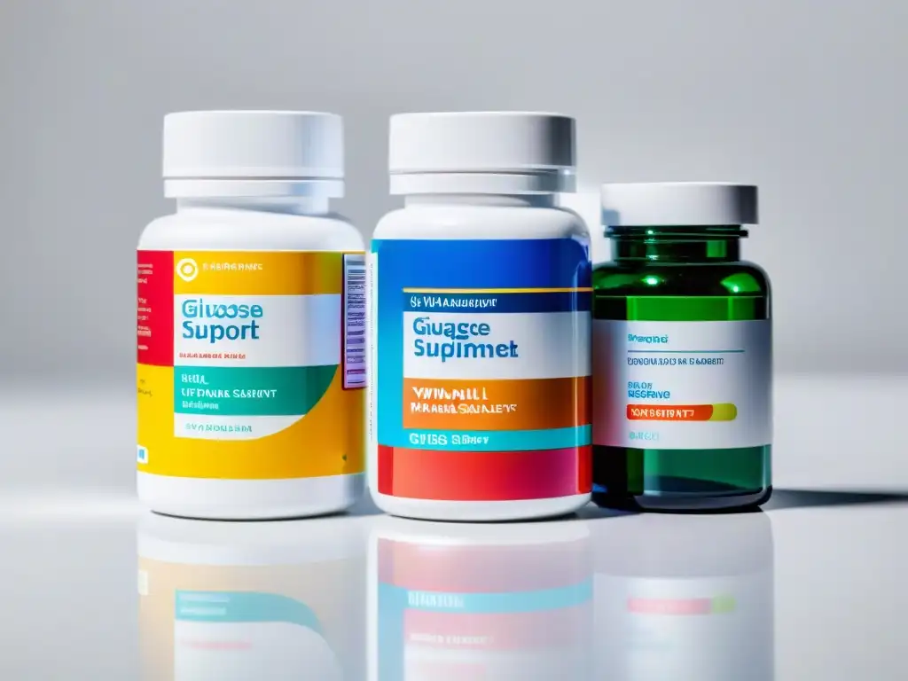 Suplementos para diabetes: coloridos y detallados Vista detallada de suplementos nutricionales para diabéticos en un elegante fondo blanco, con etiquetas legibles y colores vibrantes