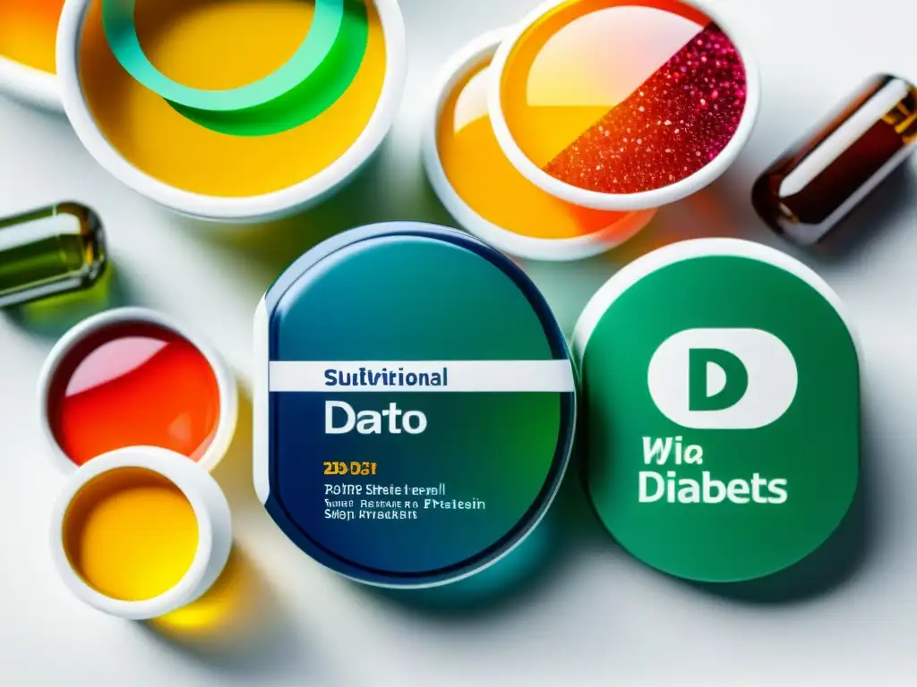 Suplementos para diabetes: vitalidad y precisión Vista detallada de suplementos nutricionales para diabéticos, con colores vibrantes y detalles precisos que transmiten salud y vitalidad