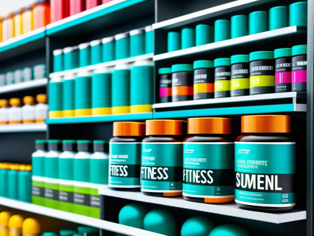 Suplementos fitness: vibrante y moderno display Vista detallada de suplementos profesionales fitness revelan en moderno y llamativo display con packaging minimalista