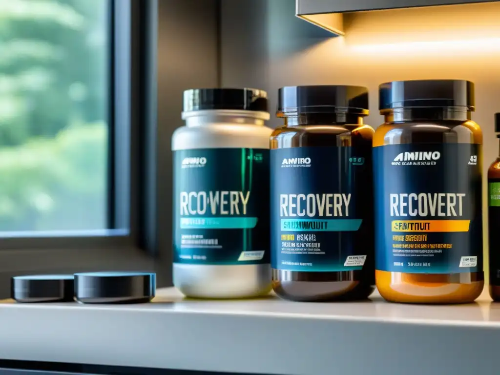 Suplementos de recuperación post-Ironman en la cocina Vista detallada de suplementos para recuperación rápida Ironman en un elegante mostrador de cocina, bañados por luz natural