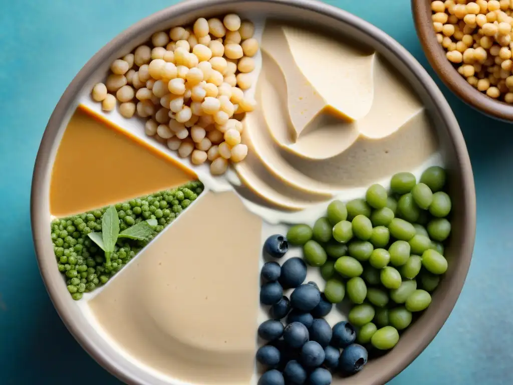 Selección de Proteínas Vegetales y en Polvo Una vista detallada de una variedad de fuentes de proteínas vegetales y suero de leche, resaltando colores, texturas y patrones naturales para una comparativa proteínas vegetales suero leche
