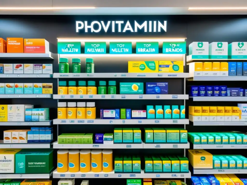 Vitrinas de Multivitaminas Top: Confianza y Profesionalismo Vista de farmacia moderna con las mejores marcas multivitamínicos salud destacadas en estantes ordenados, transmitiendo confianza y profesionalismo