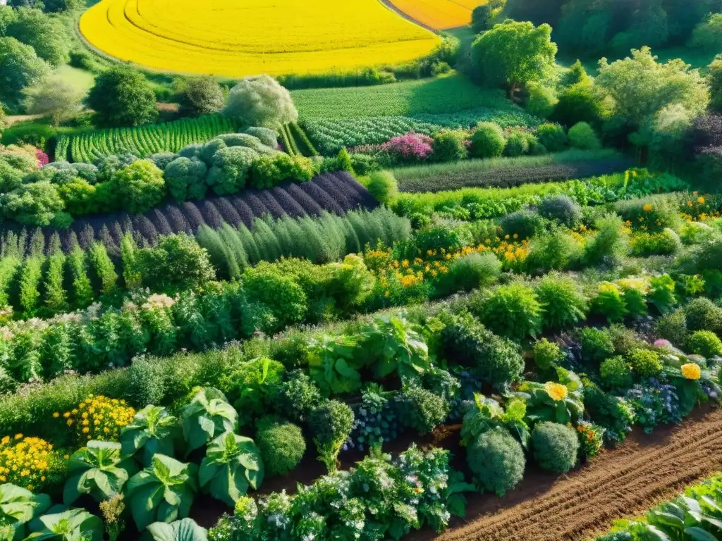 Esplendor regenerativo: granja frutal en 8k Vista impresionante de una granja regenerativa con una variedad de cultivos y vida silvestre, evocando armonía con la naturaleza