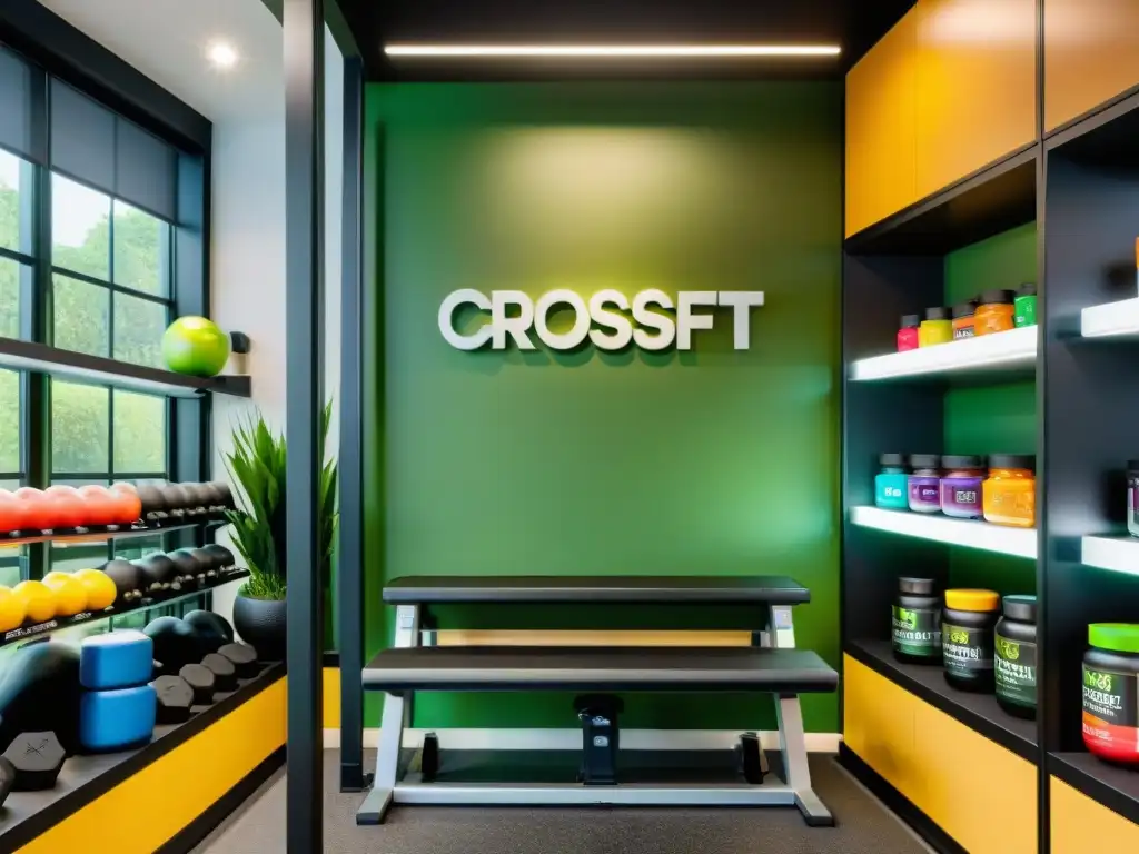 Gimnasio moderno con suplementos y motivación Vista inspiradora de un gimnasio moderno con los mejores suplementos para Crossfitters exhibidos en estantes, rodeados de equipo de Crossfit y motivadoras plantas verdes