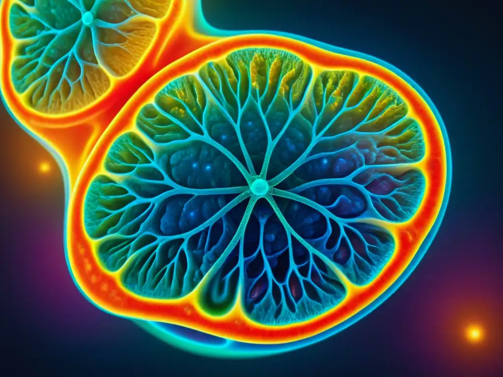Microscópica vista detallada de las mitochondrias en colores vibrantes Vista microscópica detallada y vibrante de las mitocondrias en una célula, destacando su estructura intrincada y capacidad energética