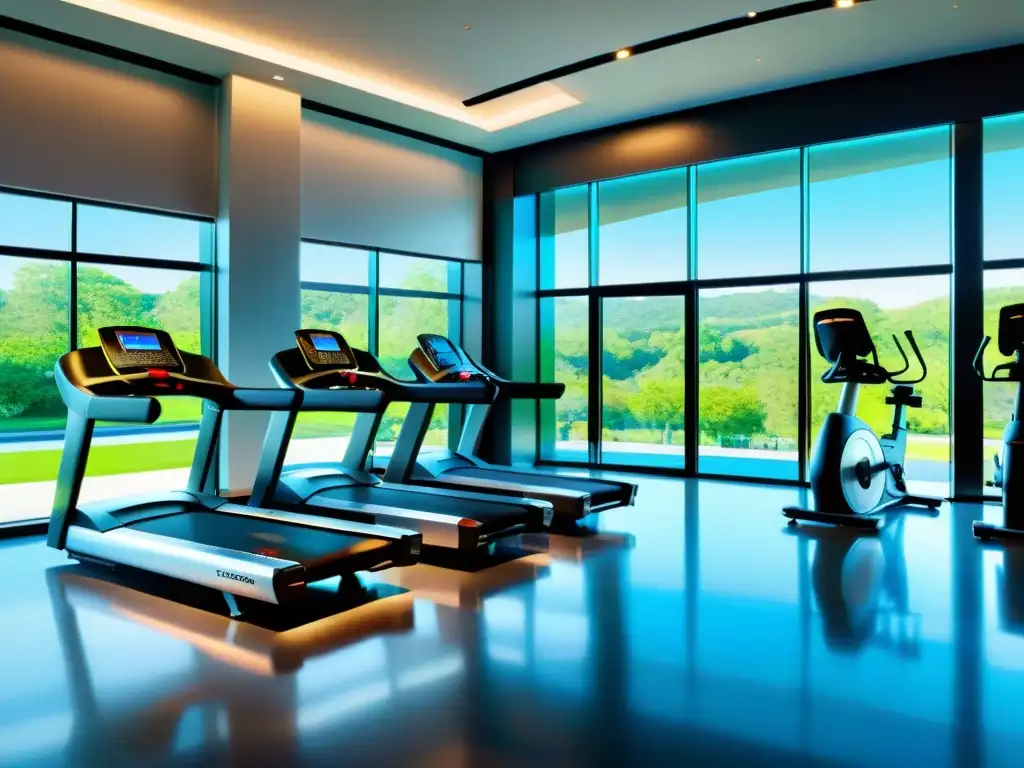Estudio fitness de lujo con vistas panorámicas y diseño moderno Vista panorámica de un moderno estudio de fitness con suplementos nutricionales para atletas y diseño elegante en 8k