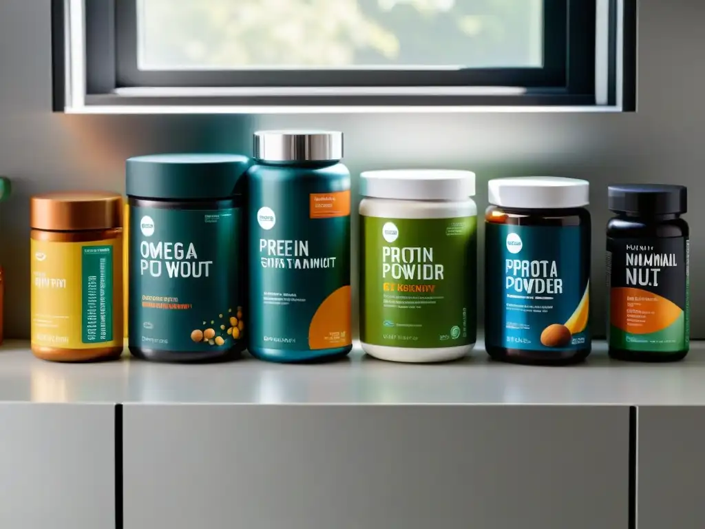Vista superior de suplementos para rendimiento deportivo MMA en cocina moderna y minimalista, con luz natural