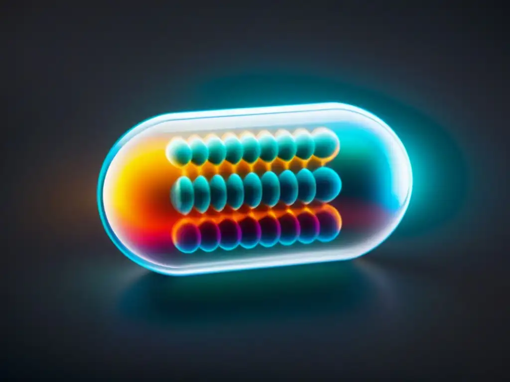 Píldora transparente llena de partículas brillantes y energéticas Un vistazo a una cápsula transparente llena de una red de partículas brillantes y coloridas, irradiando energía