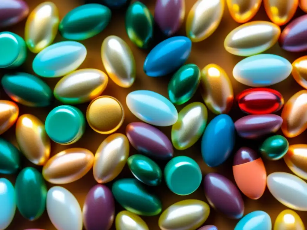 Nootrópicos de colores: cápsulas detalladas en espiral Un vistazo detallado a un montón de cápsulas de colores, con etiquetas de ingredientes nootrópicos