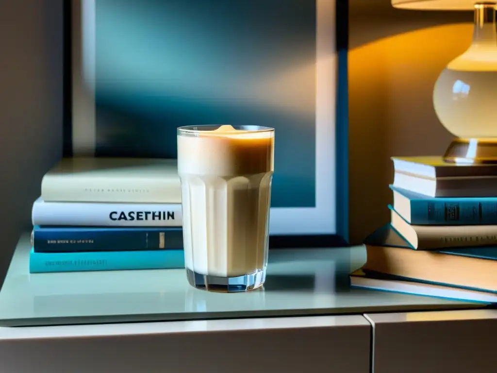 Proteína de caseína: Elegancia y tranquilidad Un vistazo a una elegante proteína Micellar Casein catabolismo nocturno en un moderno nightstand con libros apilados