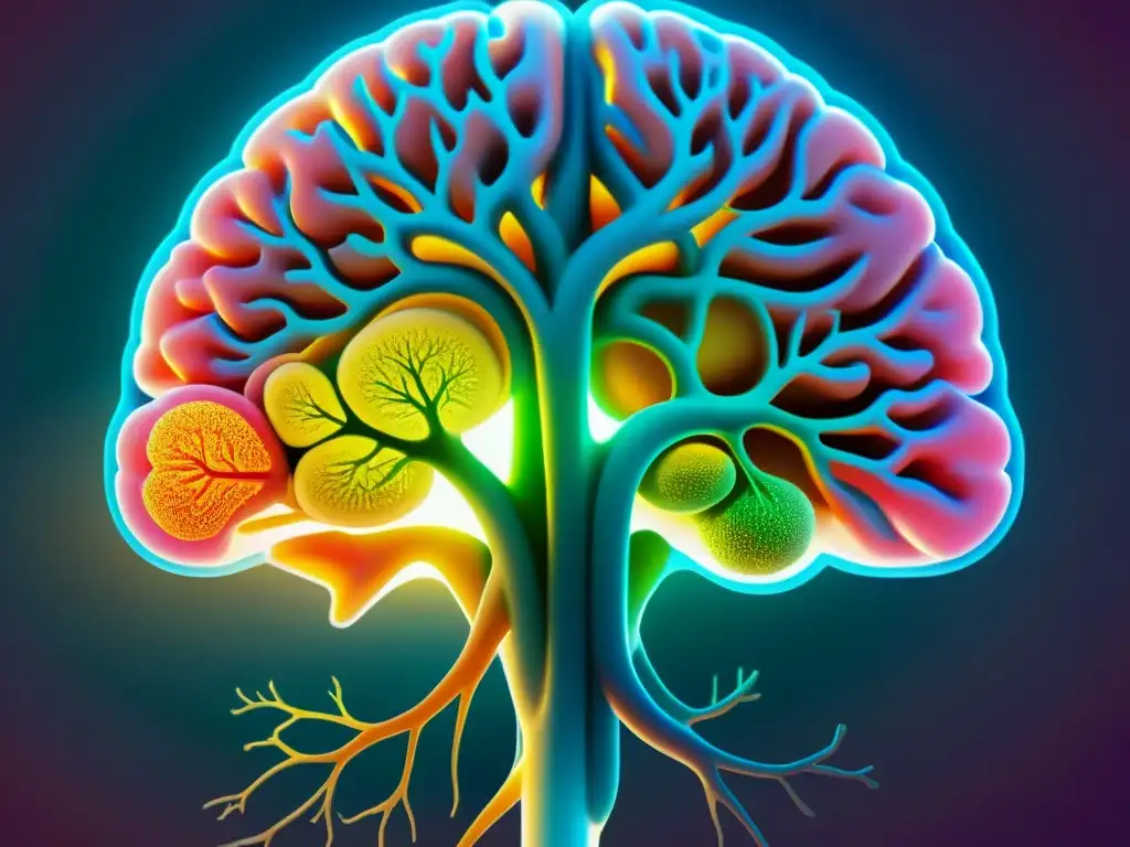 Omega3 brillante en el cerebro: ciencia vanguardista Un vistazo ultra detallado de una sección transversal del cerebro humano, con omega-3 vibrantes y luminosos