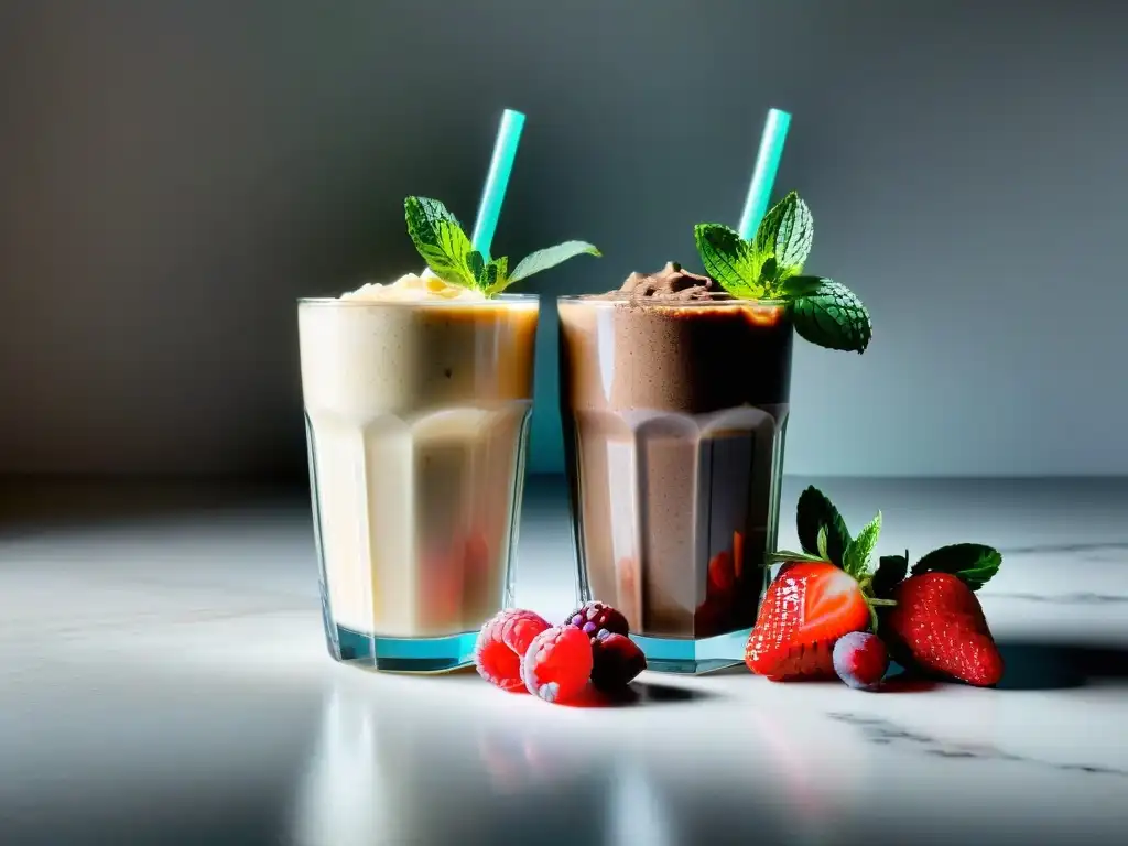 Batidos de proteínas: whey vs Comparación visual de dos batidos de proteínas: uno de suero y otro de caseína, destacando el mejor suplemento proteico para músculos