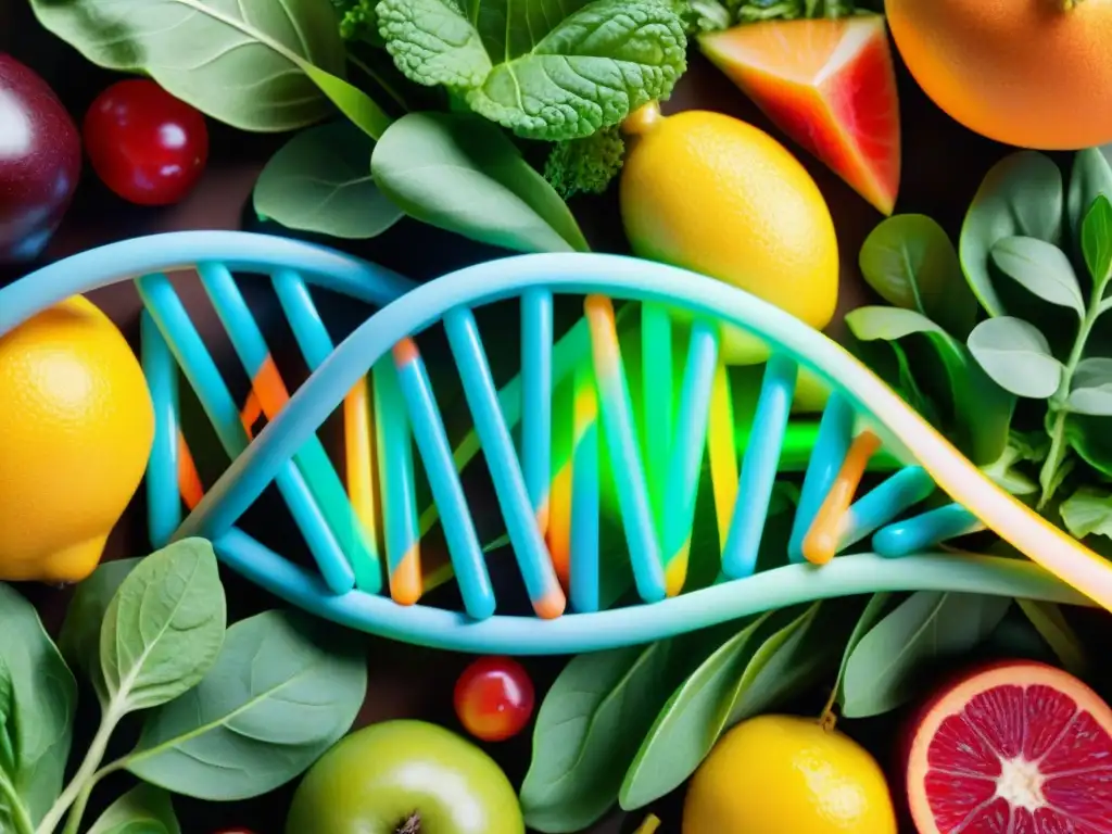 ADN vibrante entrelazado con alimentos saludables: genética y nutrición Una representación visual fascinante de un ADN conectado con alimentos, resaltando la conexión entre genética y nutrición