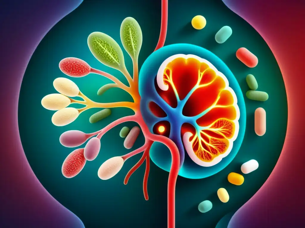 Interacciones medicamentosas y suplementos: Impacto renal Una representación visual impactante de un riñón rodeado de suplementos y medicamentos, resaltando su impacto en la función renal