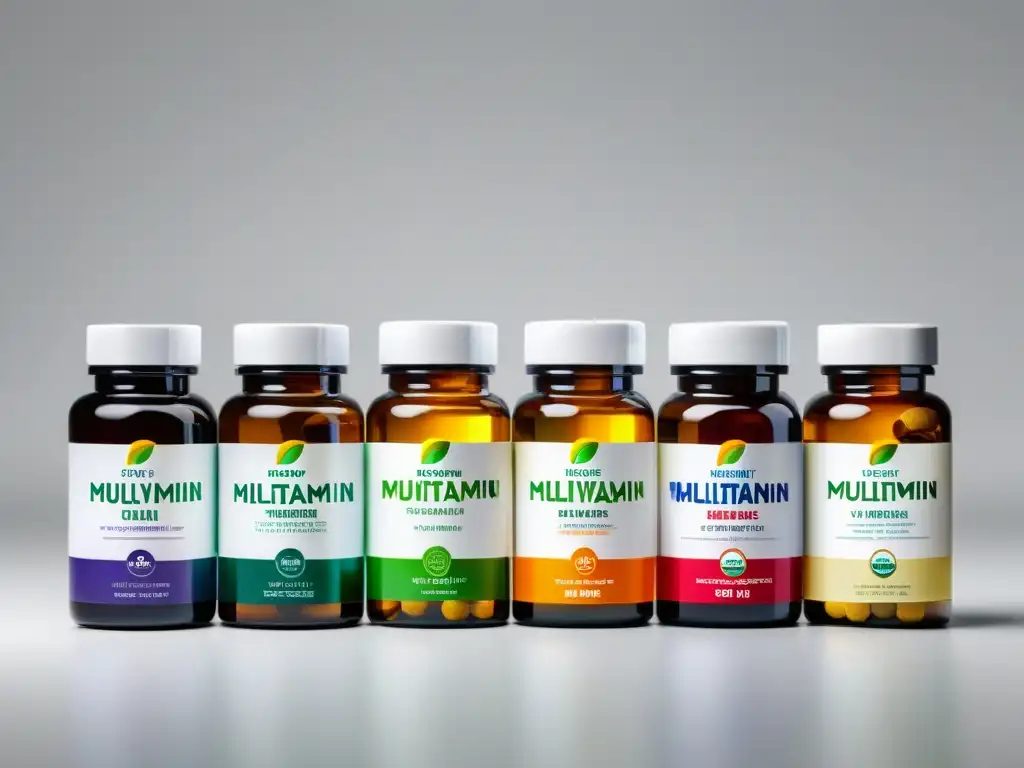 Comparativa de Multivitaminas de Marca Comparación visual de las mejores marcas de multivitamínicos para la salud, presentadas de forma elegante y profesional en botellas coloridas