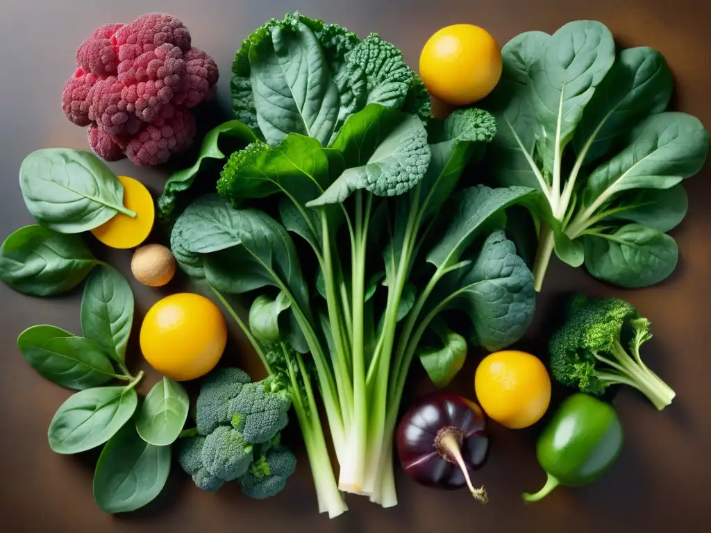 Vitaminas en vegetales frescos: espinaca, col rizada y levadura nutricional