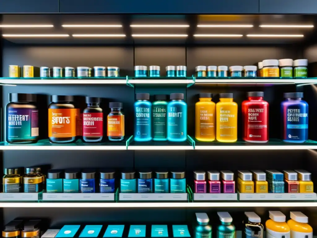 Una vitrina de suplementos deportivos exhibe una variedad de productos modernos y coloridos